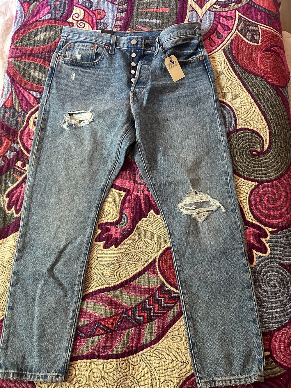 Levi's Light Blue Distressed Button-Fly Jeans